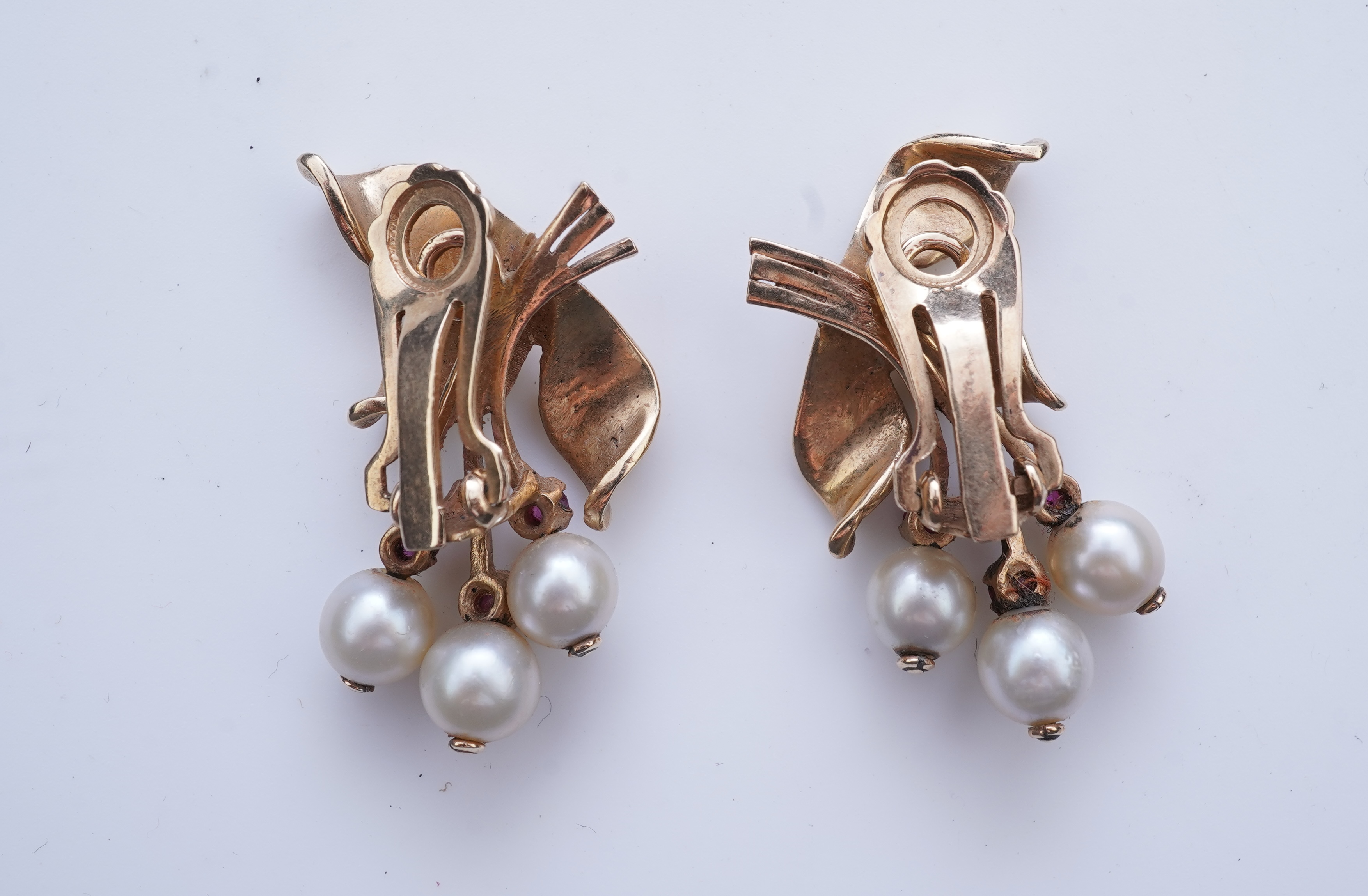 A pair of Retro cultured pearl and ruby ear clips, 1940s